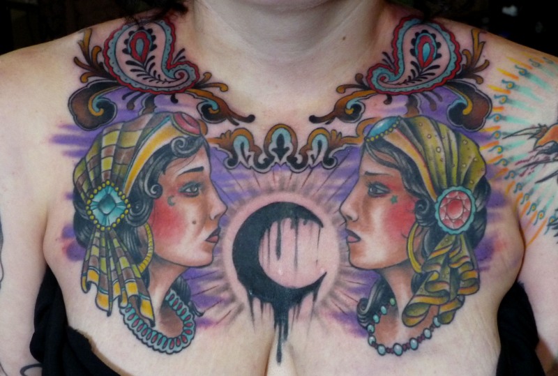 gypsy and paisley chest tattoo